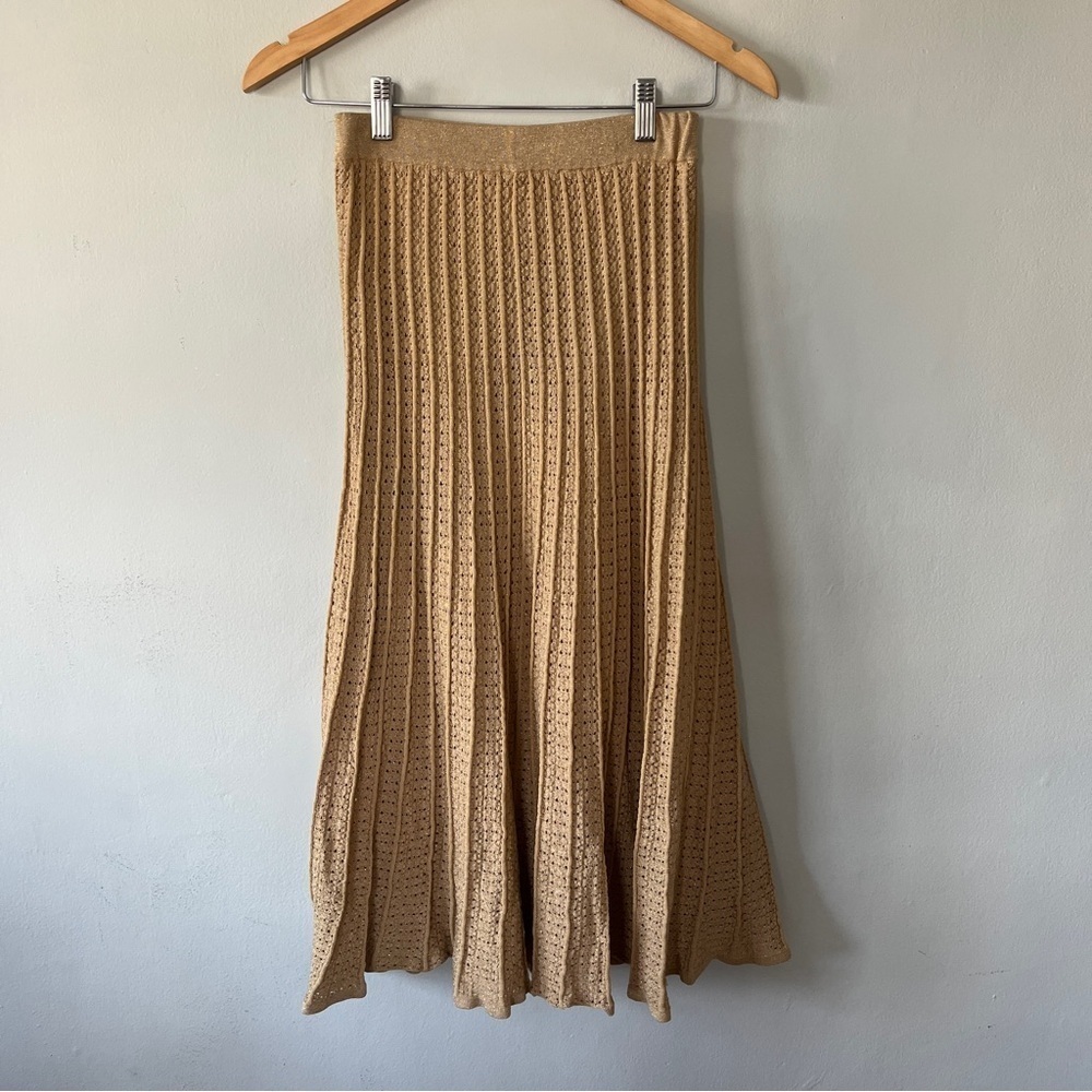 Ronny Kobo Yuma Gold Metallic Knit Pleated Midi Skirt Size Small